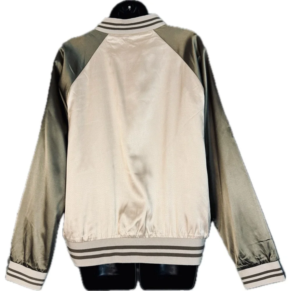 Hem &‎ Thread Bomber Zip Jacket Medium Pink Brown Colorblock Satin Raglan Sleeve